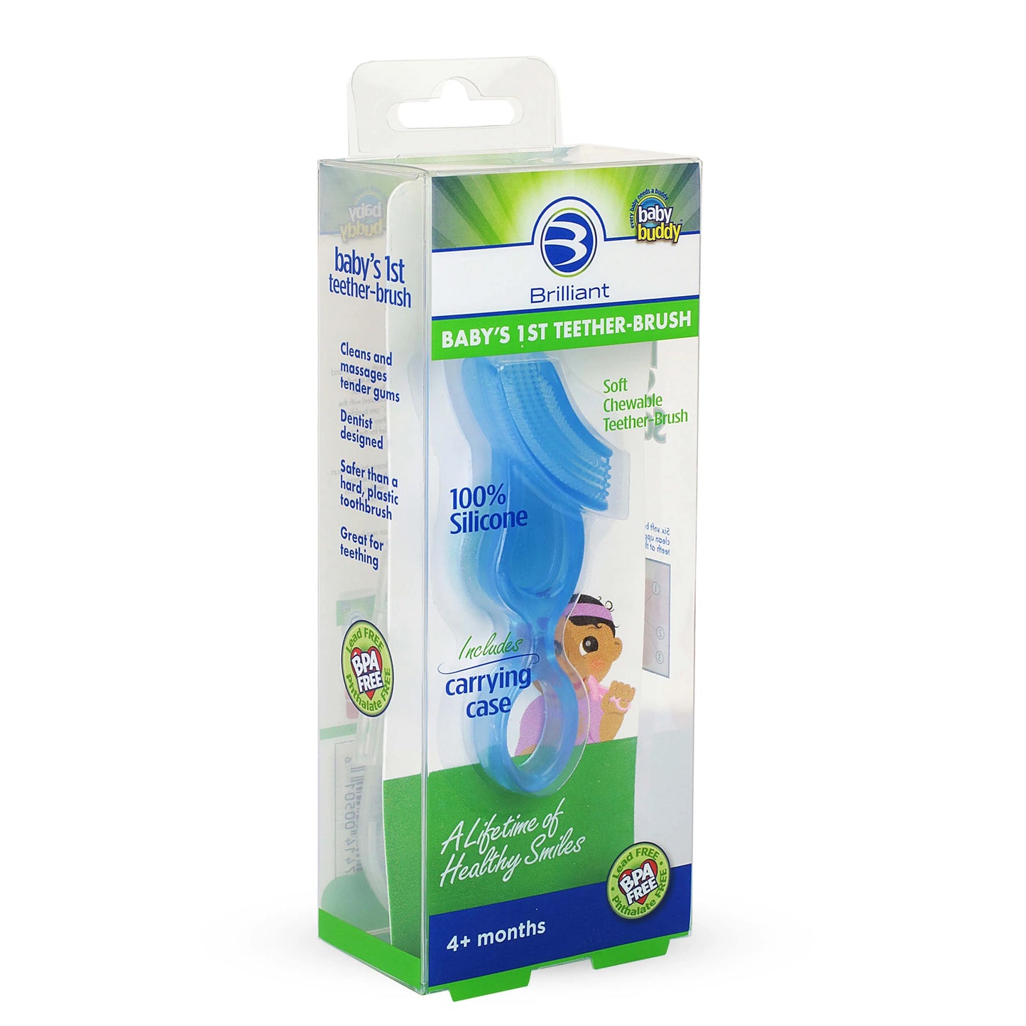 Infant Baby’S 1St Toothbrush Teether with Case, Bpa-Free Silicone Chewable Brush Blue 1Pk