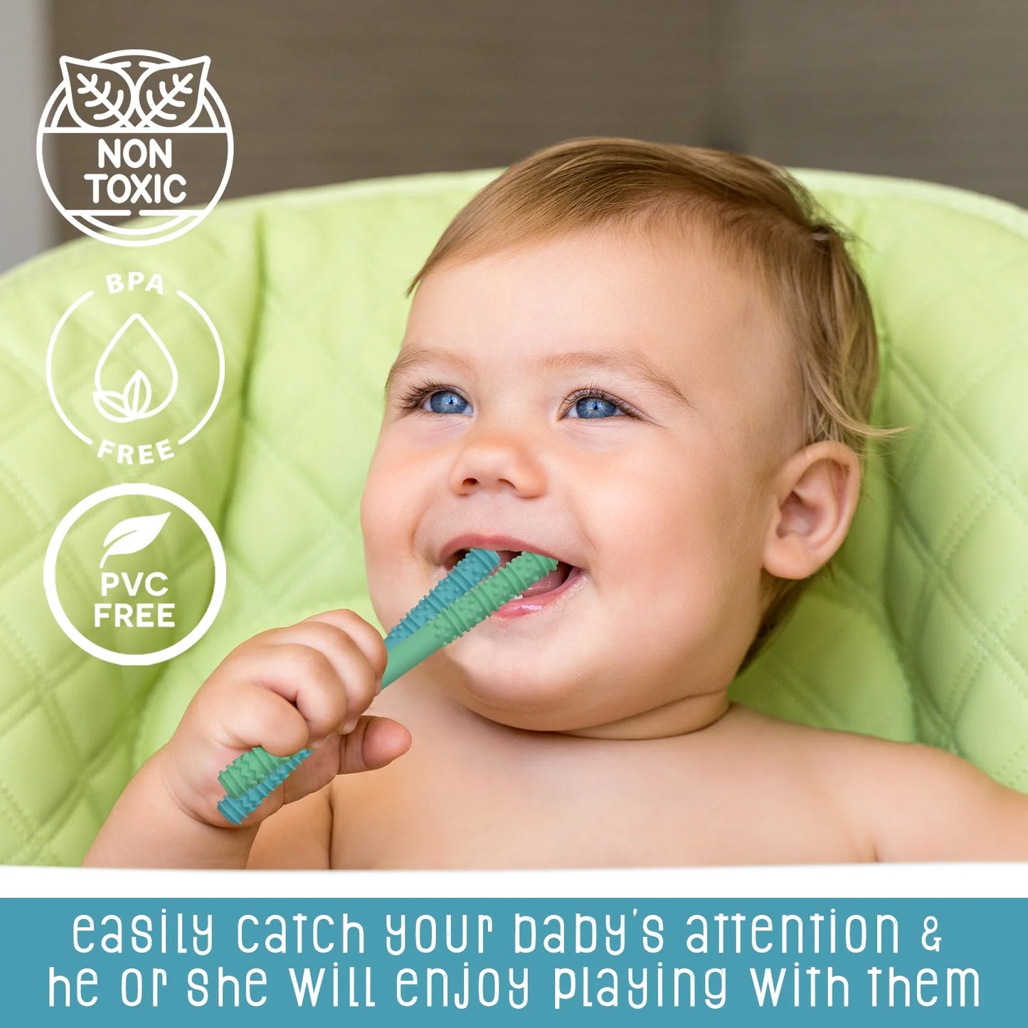 Baby Hollow Teething Tubes - Soft Silicone Teether Toys BPA Free Food Grade Silicone Cleaning Brush'S Included, (Blue & Green)
