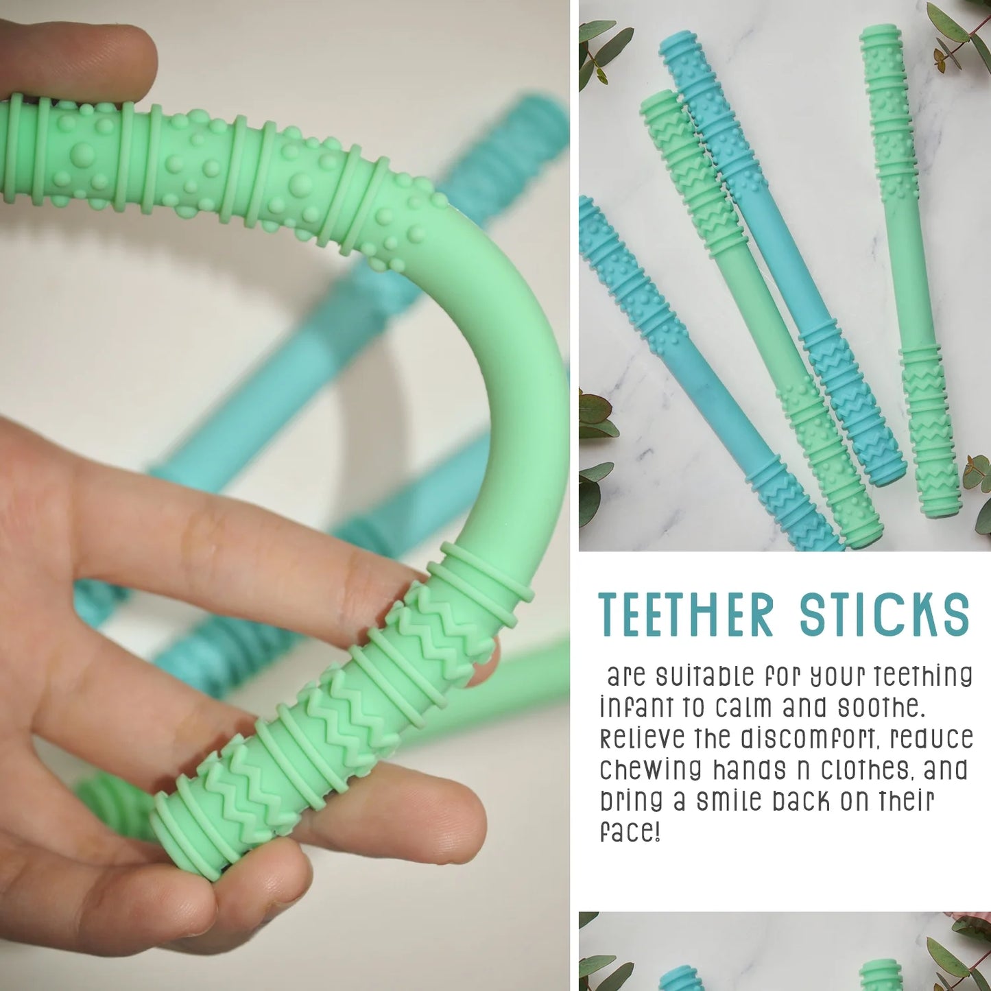 Baby Hollow Teething Tubes - Soft Silicone Teether Toys BPA Free Food Grade Silicone Cleaning Brush'S Included, (Blue & Green)