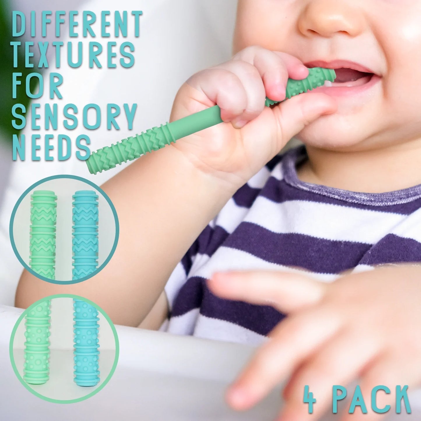 Baby Hollow Teething Tubes - Soft Silicone Teether Toys BPA Free Food Grade Silicone Cleaning Brush'S Included, (Blue & Green)
