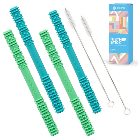 Baby Hollow Teething Tubes - Soft Silicone Teether Toys BPA Free Food Grade Silicone Cleaning Brush'S Included, (Blue & Green)