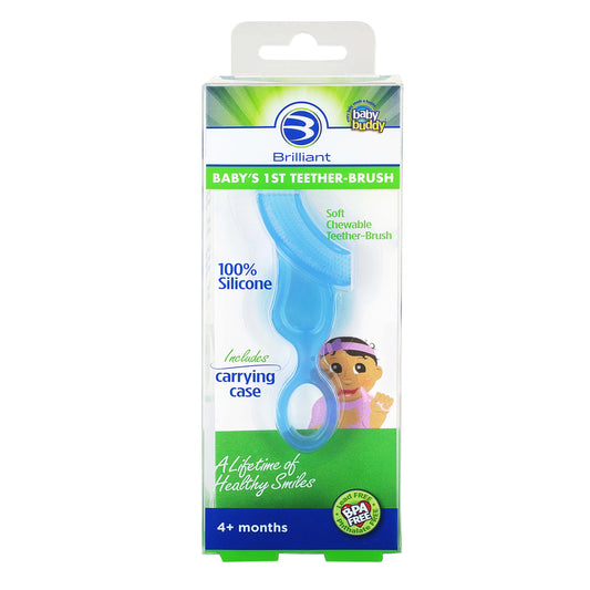 Infant Baby’S 1St Toothbrush Teether with Case, Bpa-Free Silicone Chewable Brush Blue 1Pk
